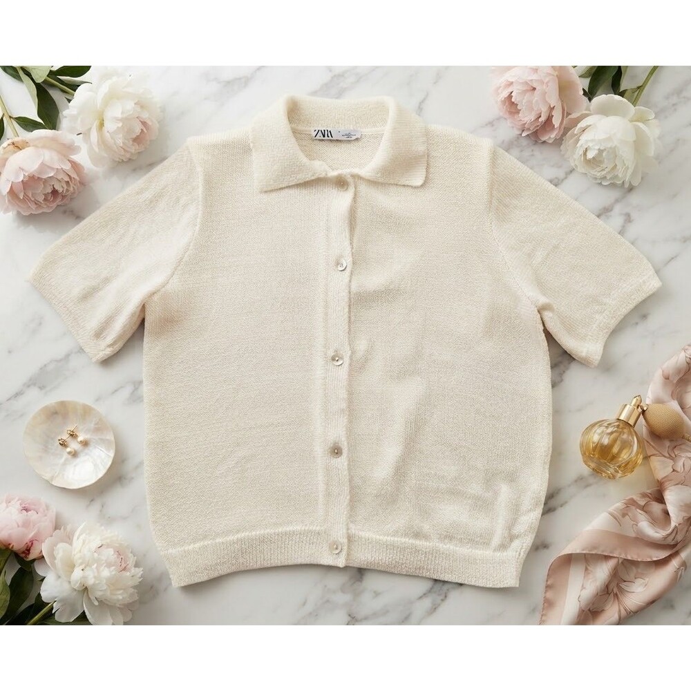 Zara Women XL Ivory Plain Knit Polo Collar Short Sleeve Cardigan Sweater Top New